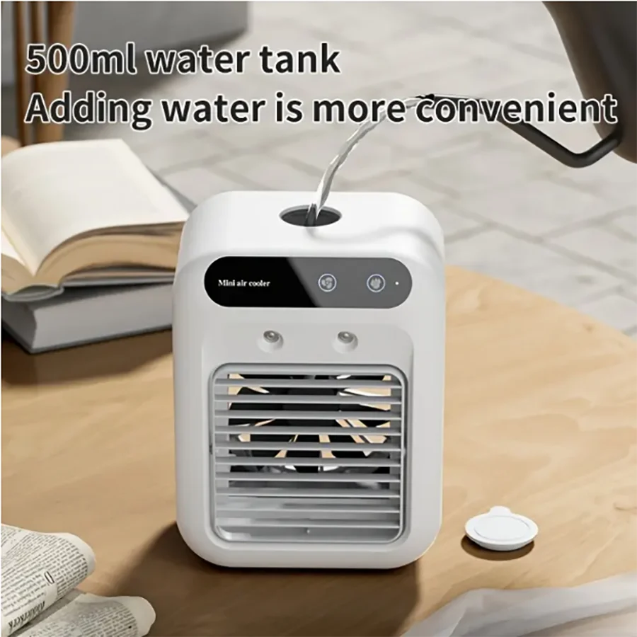 Portable mini desktop air conditioner fan, low noise, powerful humidifier and cooling function, USB charging