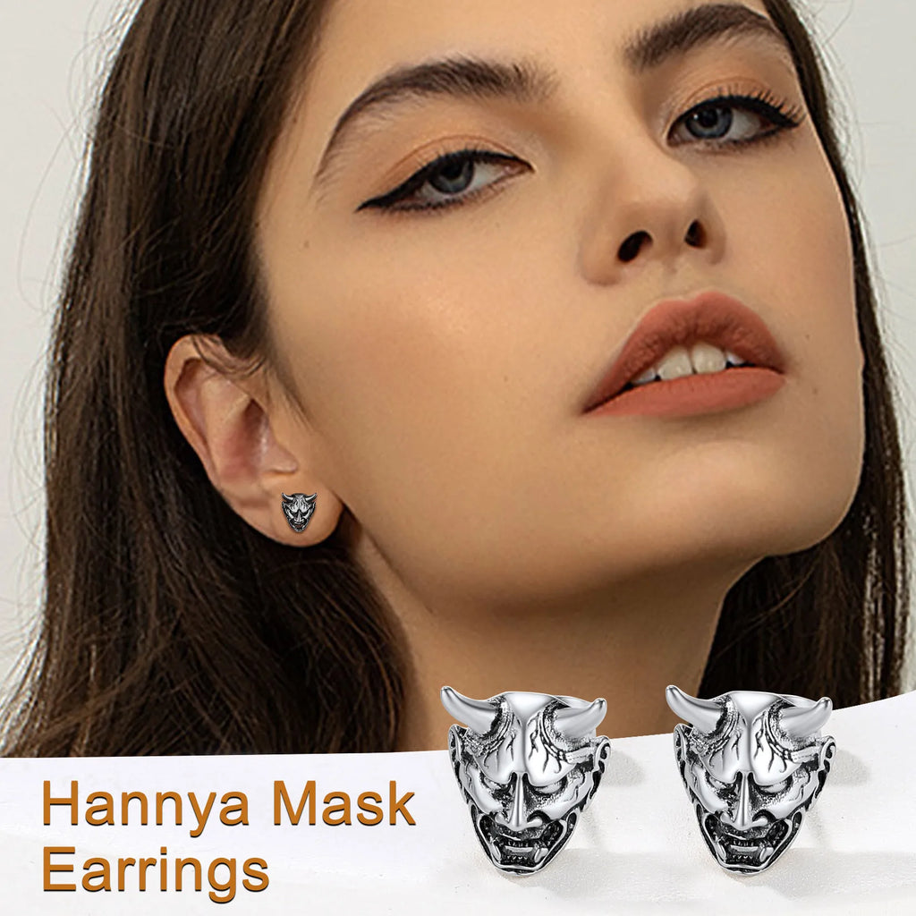 Japanese Oni Hannya Mask Stud Earrings — Stainless Steel