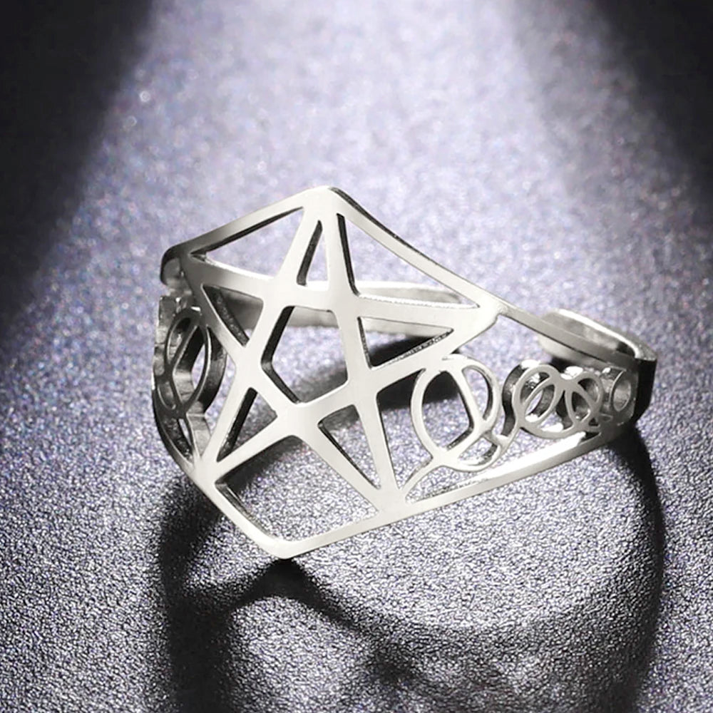 Dawapara Pentagram Adjustable Ring for Men Women Triquetra Cross Star OM Symbol Religious Gift Stainless Steel Jewelry