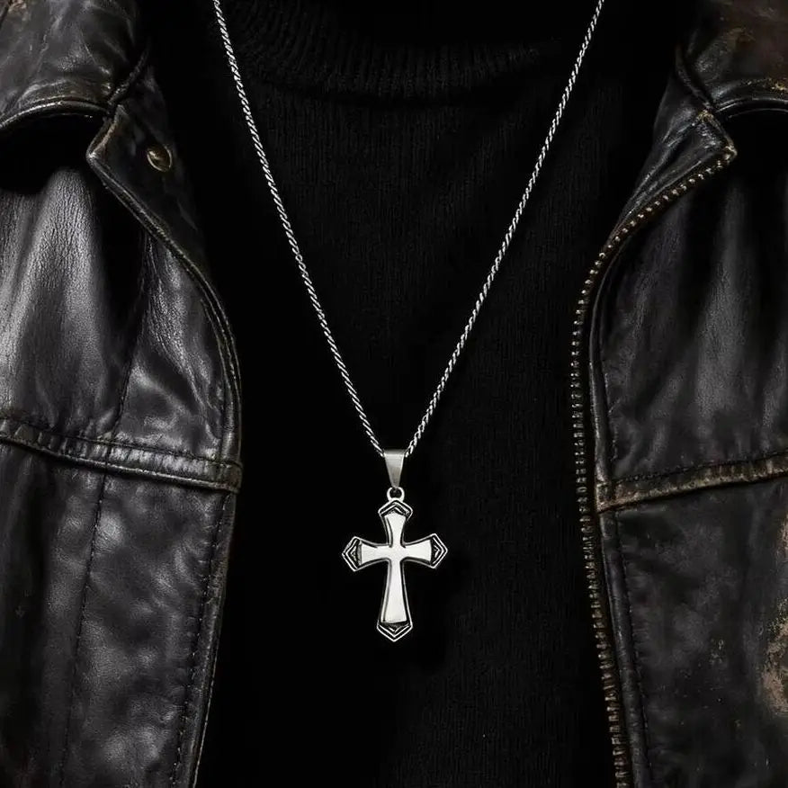 Cross Silver Cuban Chain Pendant Necklace