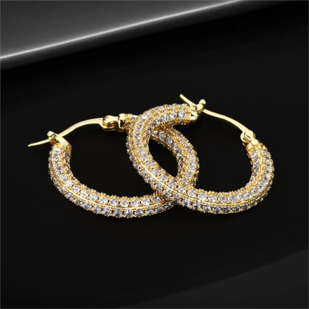 Two-Tone Iced Out Hoop Earrings CZ Silver Gold