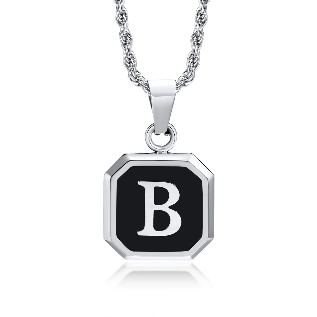 Initials Necklaces for Men Women,A-Z 26 Letters Black Square Stainless Steel Pendant Collar,45-60CM Twisted Rope Chain