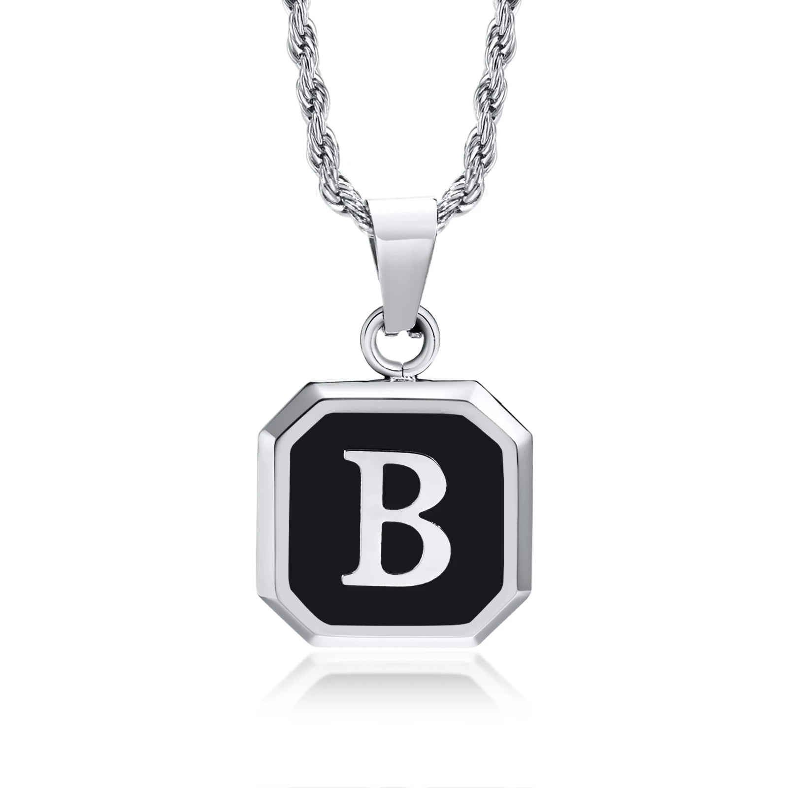 Initials Necklaces for Men Women,A-Z 26 Letters Black Square Stainless Steel Pendant Collar,45-60CM Twisted Rope Chain