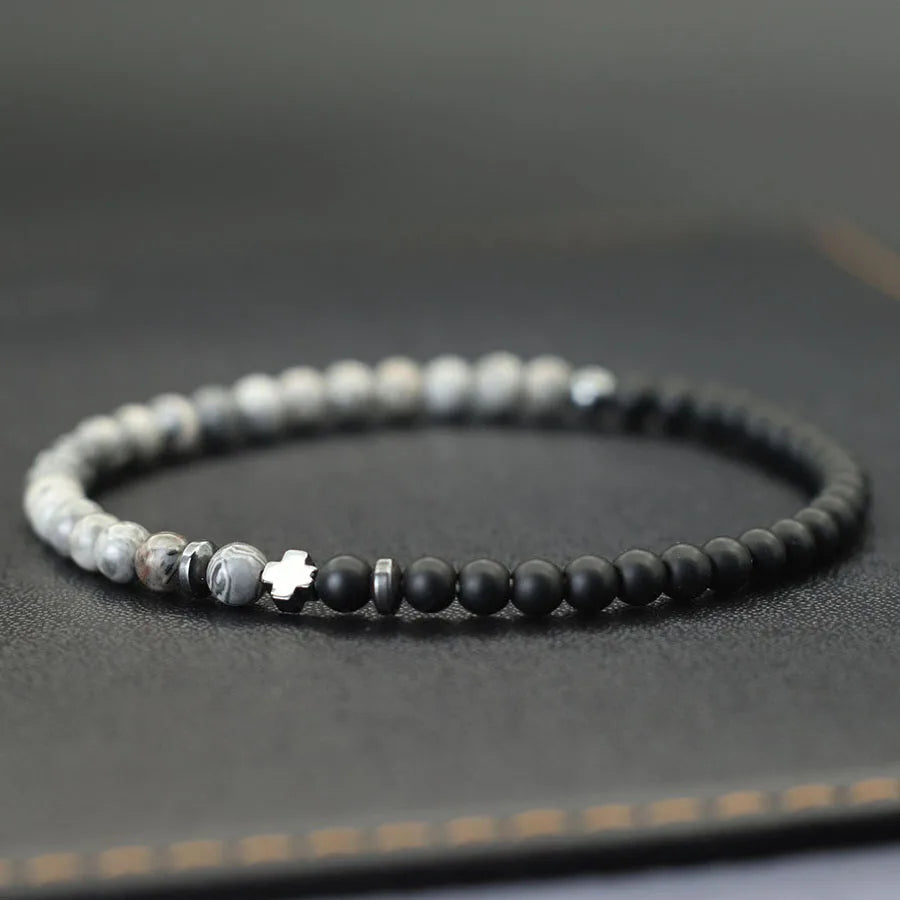 Bicolor Natural Stone 4mm Beaded Bracelet for Men — Elastic