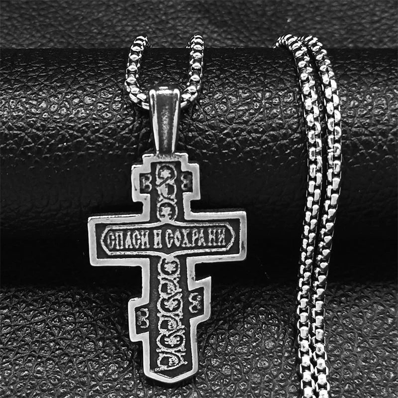 Orthodox Icon Cross Pendant Necklace — Stainless Steel