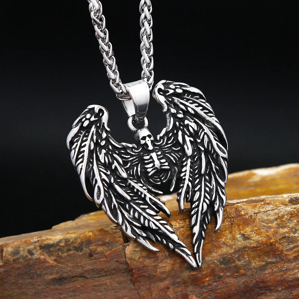 New 316L Stainless Steel Skull With Angel Wings Pendant Necklaces For Men Boys Gothic Hip Hop Biker Jewelry Gifts