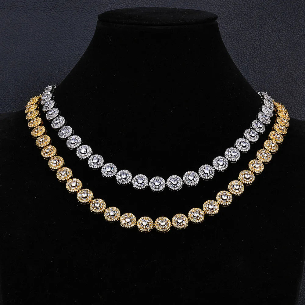 Gold Tennis Necklace Iced Out T-Square Mixed Inlay