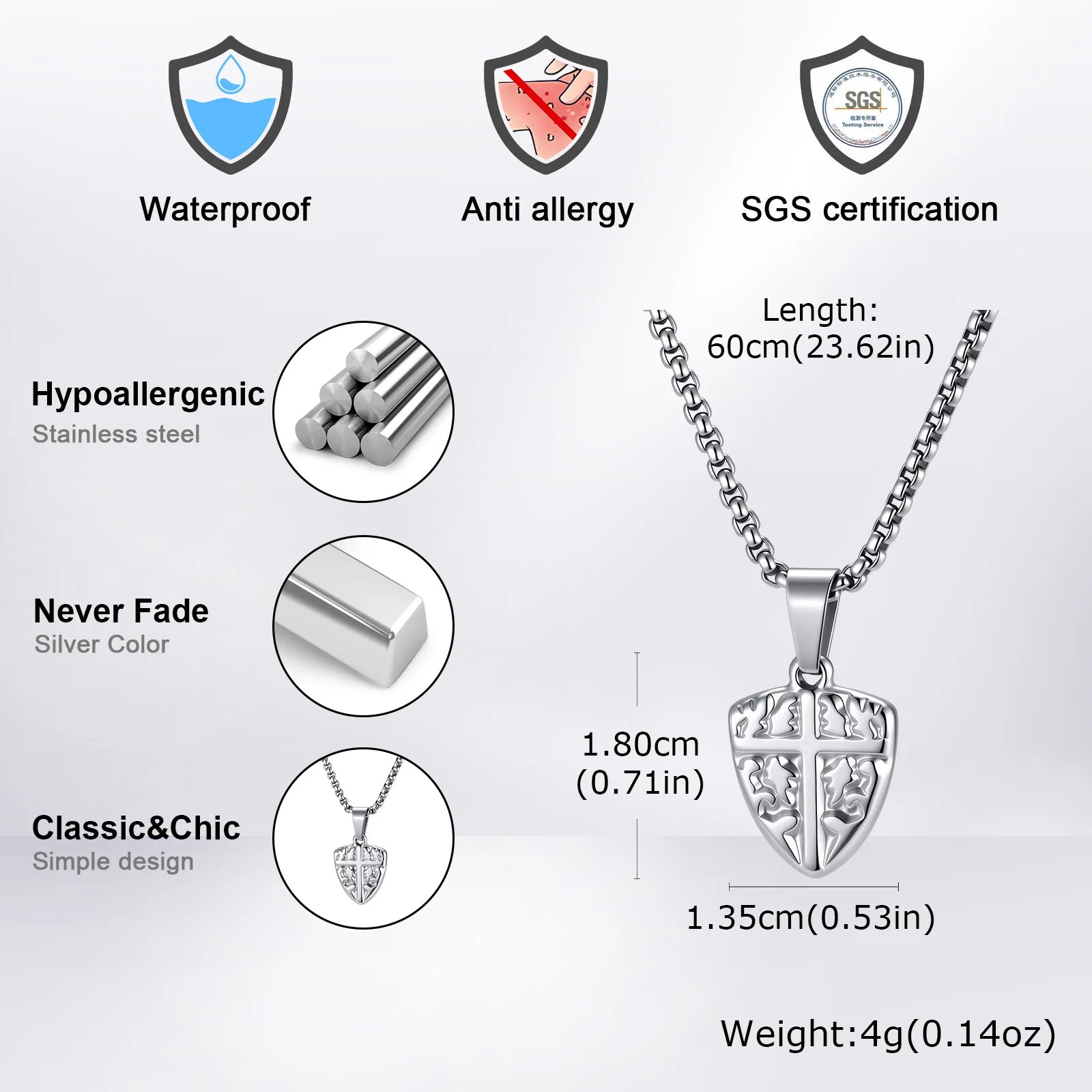 Vnox Men Shield Cross Necklace, Stainless Steel Protection Amulet Pendant Box Chain, Christian Faith Jewelry Gift for
