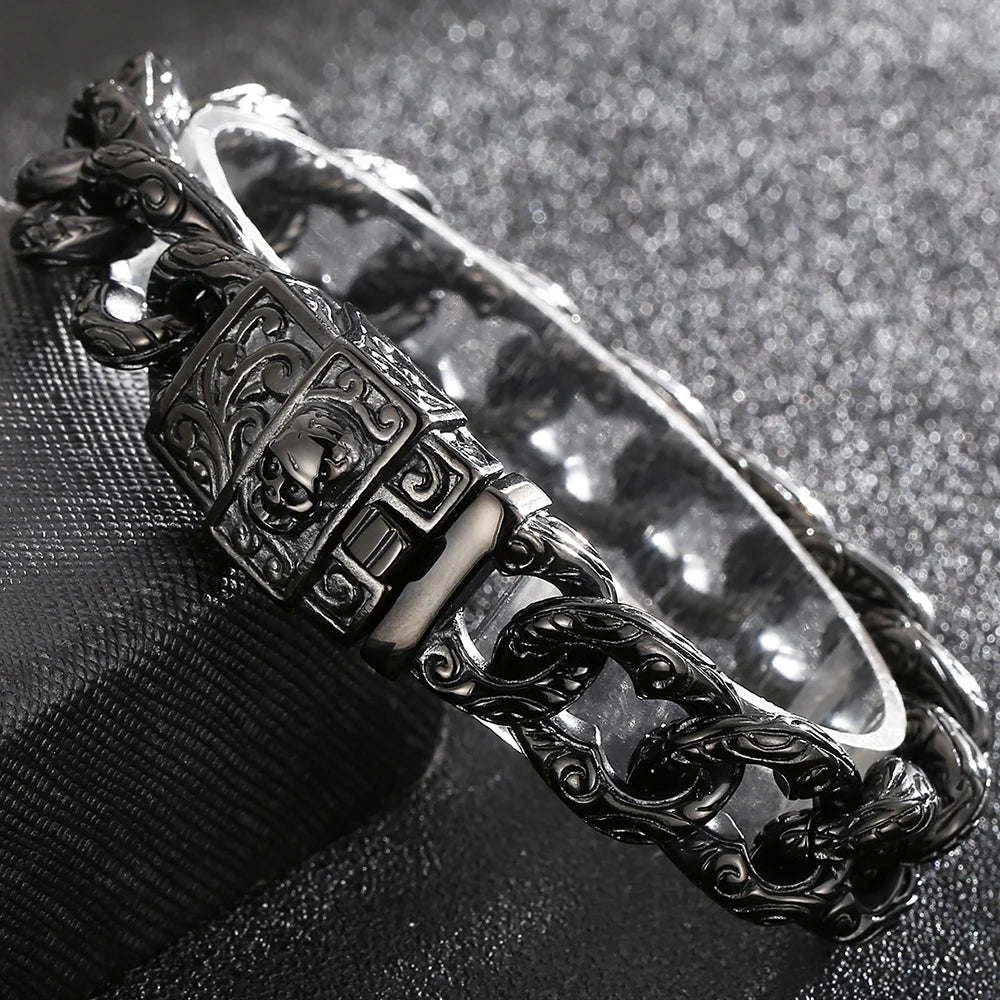 Punk Skull Bracelet For Man In Black Stainless Steel Skeleton Jewelry Men's Wrist Bracelets Rockers' Jewelry