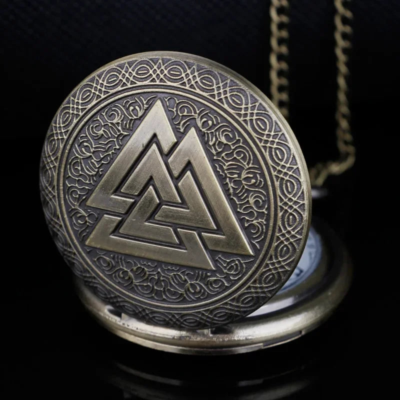Valknut Norse Viking Pocket Watch Necklace — Bronze-Tone Quartz