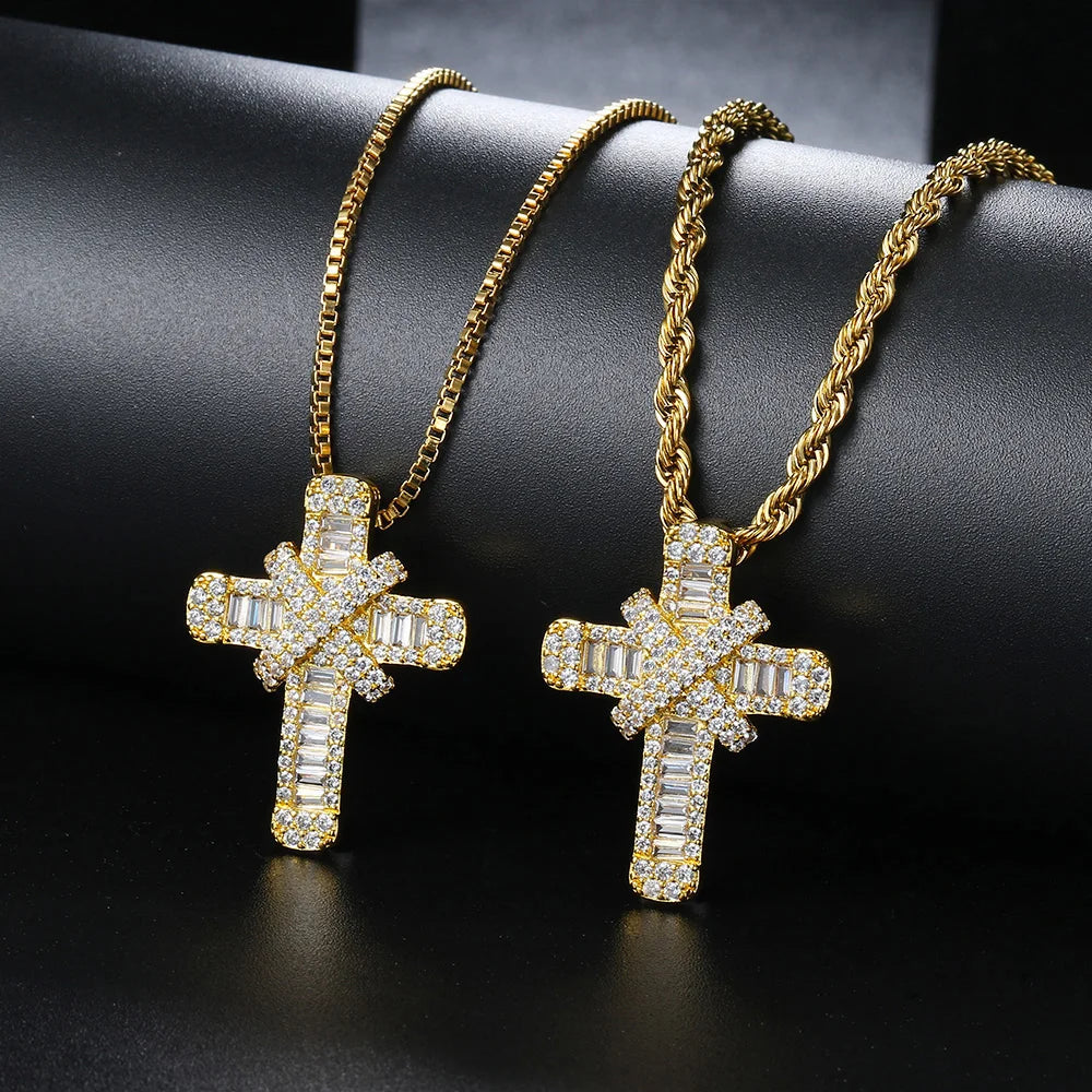 Cross Pendant Rope Box Chain Necklace Iced Out CZ