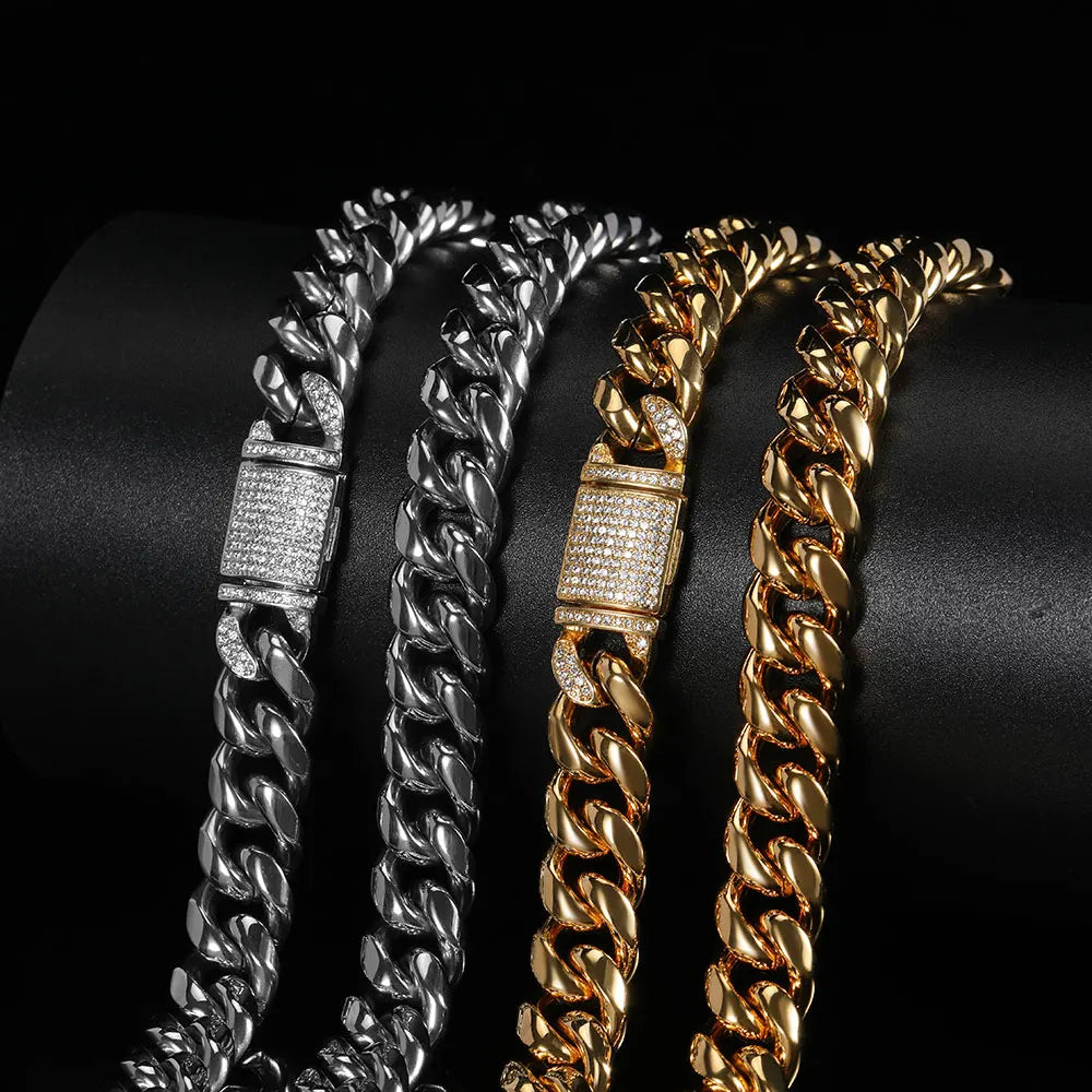 12mm Miami Mens Cuban Link Chain Necklace 316L Stainless Steel Gold Plated Necklace for Women with Full Iced Clasp