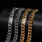 12mm Miami Mens Cuban Link Chain Necklace 316L Stainless Steel Gold Plated Necklace for Women with Full Iced Clasp