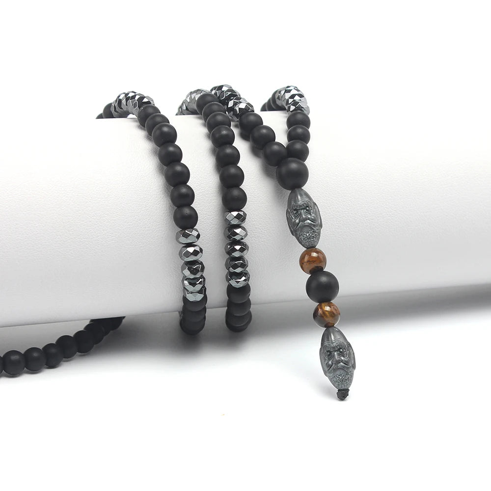 Black Obsidian Round Beads Hematite Old Man Head Pendant Y Necklace Men's Jewelry