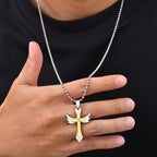 Mens Stainless Steel Necklace, Two-tone Wing Cross Pendant CZ Stone, 70cm Bead Chain, Religious Faith Jewelry Gift for Men