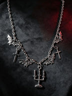 2027 Gothic Bat Cross Candelabra Pendant Necklace Dark Grunge Alloy Choker for Women Retro Halloween Party Alt