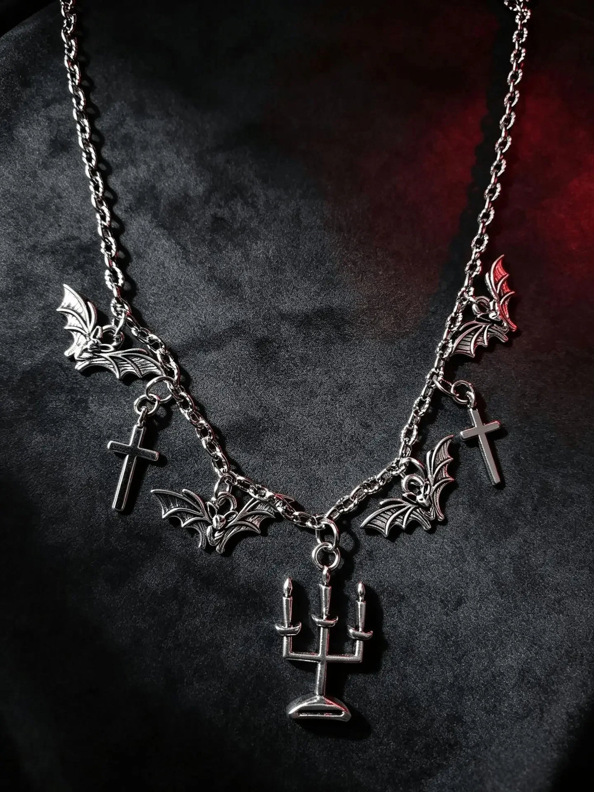 2027 Gothic Bat Cross Candelabra Pendant Necklace Dark Grunge Alloy Choker for Women Retro Halloween Party Alt