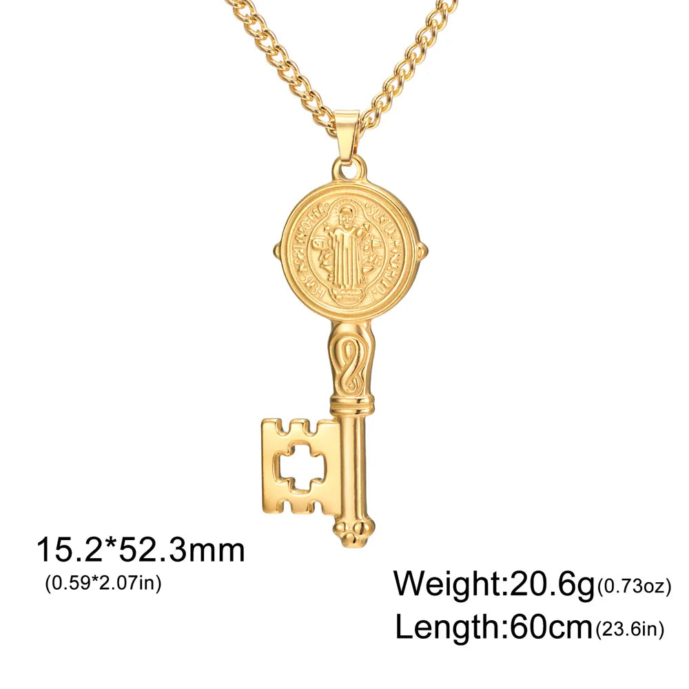 My Shape Saint Benedict Key Necklace for Women Men St. Benedict Key Shape Medal Pendants Chain Stainless Steel Religious Jewelry