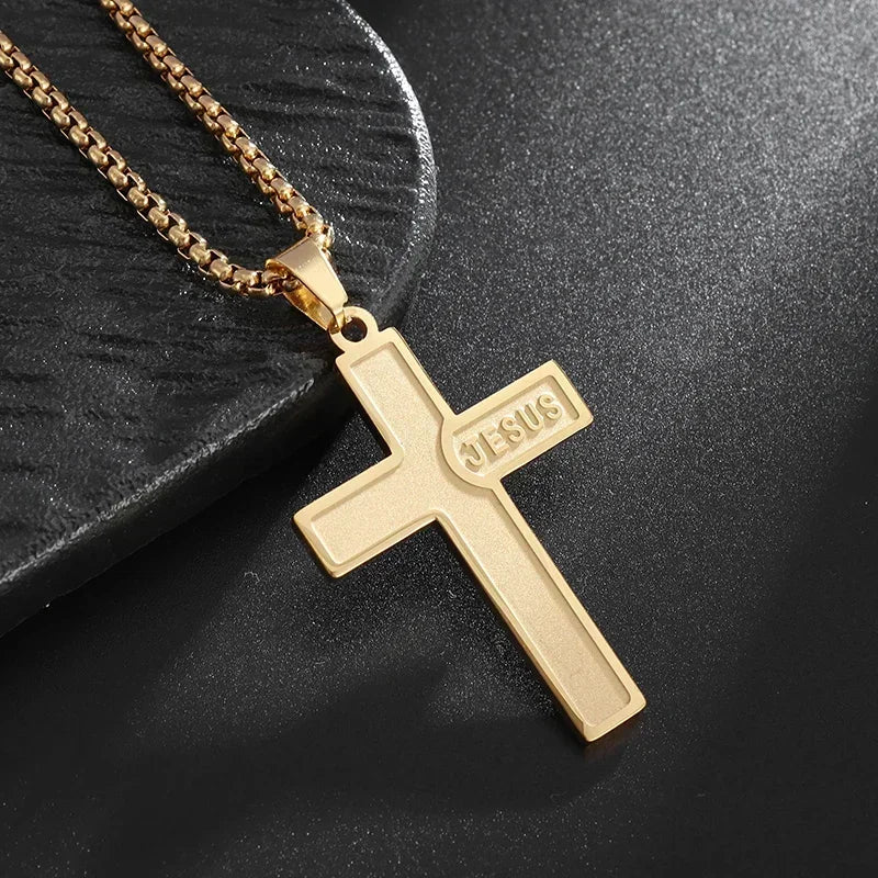 Vintage Christian Jesus Cross Stainless Steel Pendant Little Angel Prayer Necklace Men Women Faith Amulet Jewelry