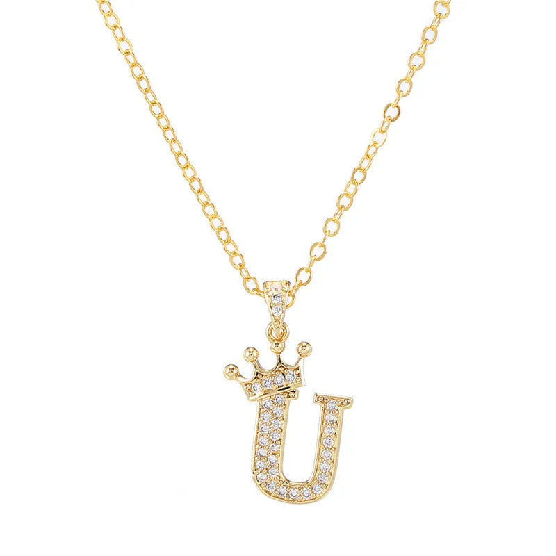 Crown Initial Letter Pendant Necklace — Copper