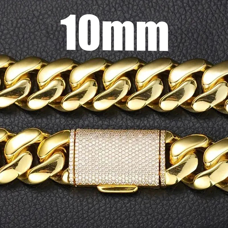 8-14mm Hip Hop Bling Iced Out 18k Gold-plated Stainless Steel Dense Cuban Miami Link Chain Necklaces for Unisex Rapper