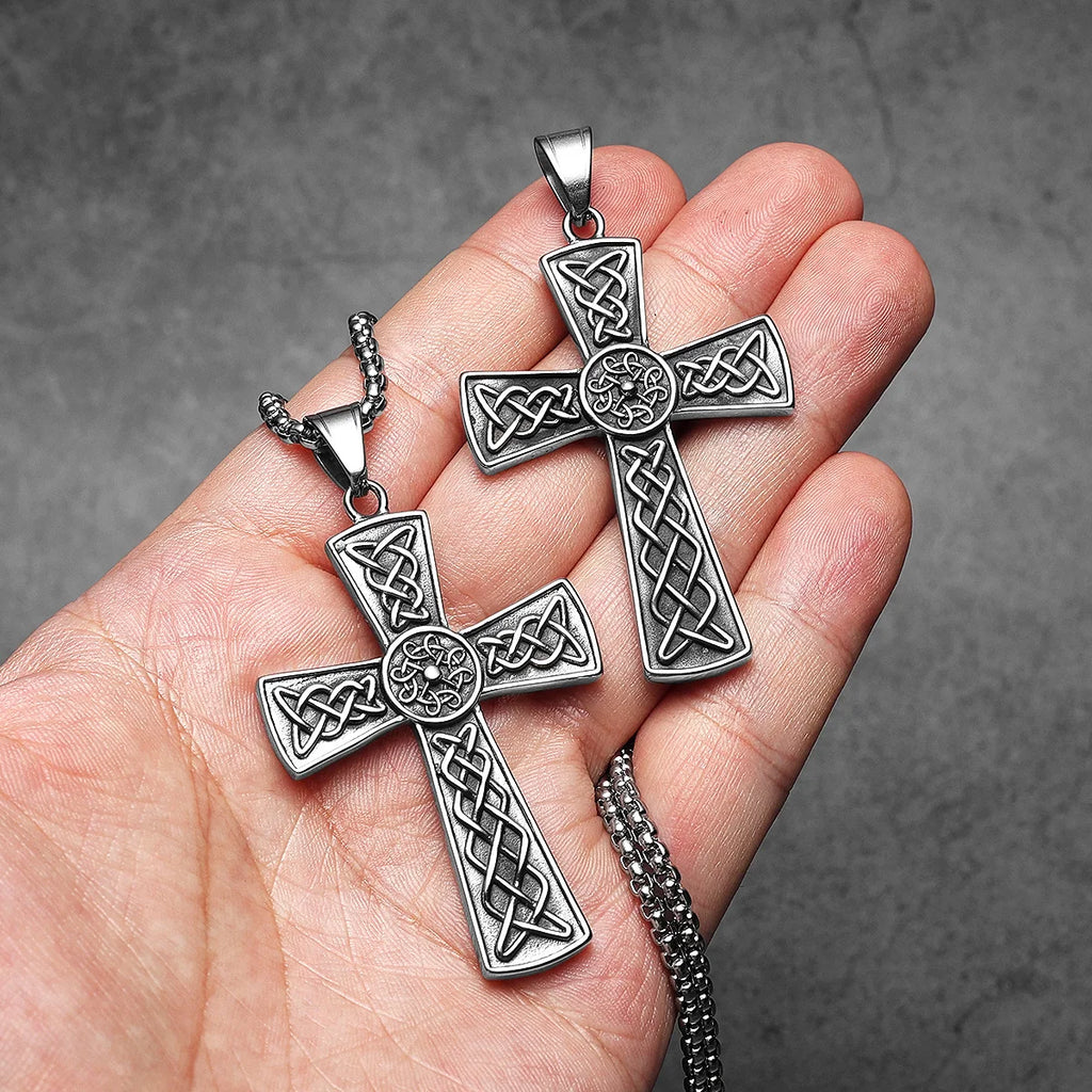 Carved Cross Pendant Necklace — Stainless Steel