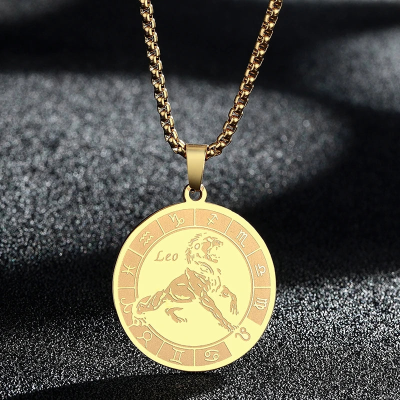 Stainless Steel Zodiac Sign Necklace For Women Men 12 Constellation Libra Symbol Pendant Necklace Amulet Collar Men Jewelry Gift