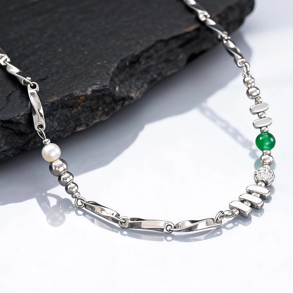 Green Stone Bead Chain Necklace — Stainless Steel