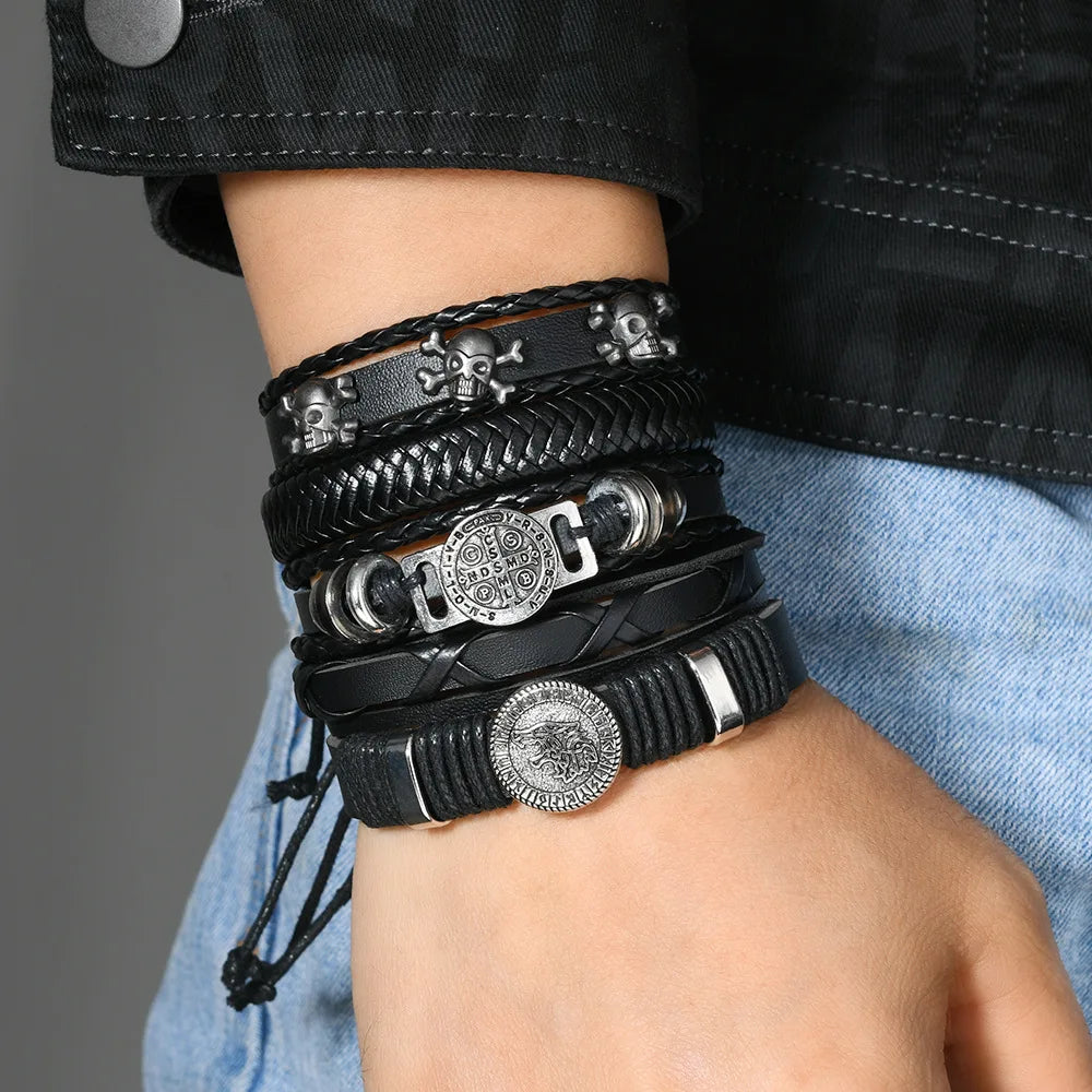 Fashion Vintage Multi Layer Men’s Bracelets Cross Bone Skull Head Retro Scripture Wolf Head Punk Style Leather Bracelets Gifts