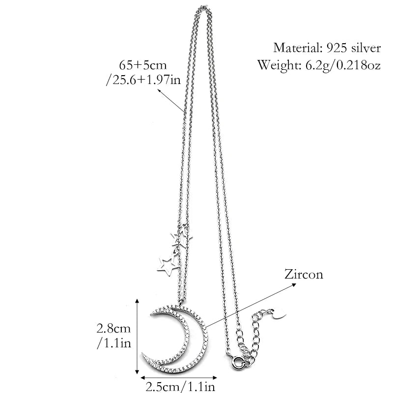 Star Silver Pendant Zircon Sterling Crescent Moon