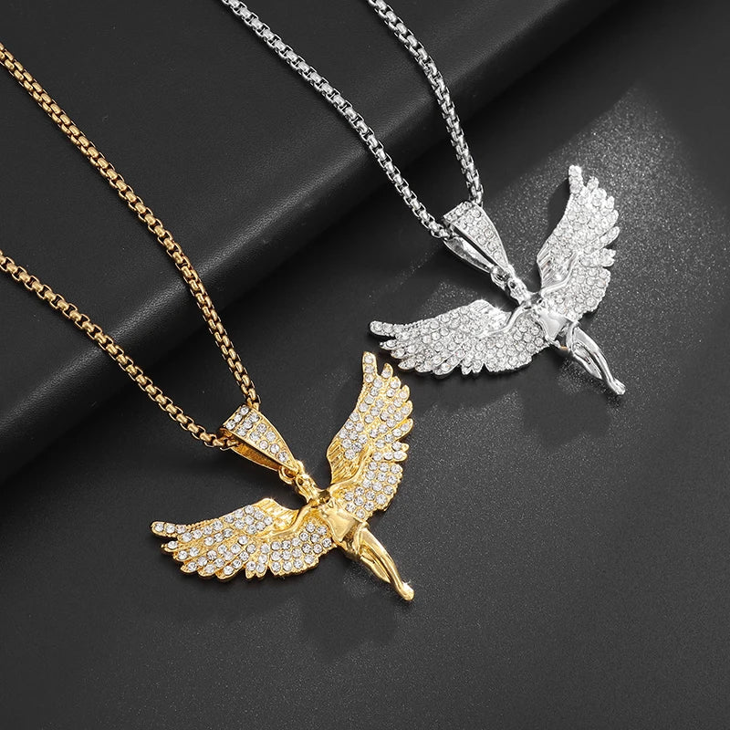 Iced Out Angel Wings Pendant Necklace — Gold