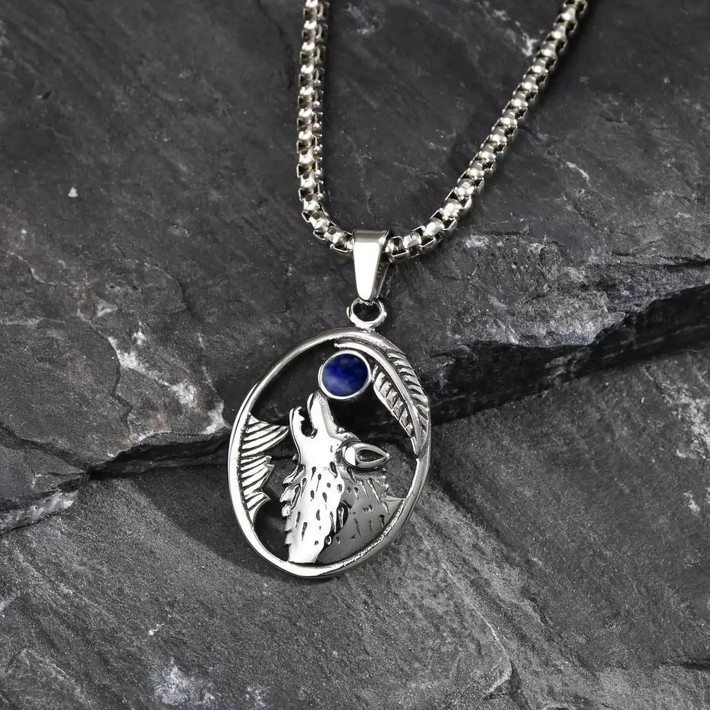 Wolf Head Stone Pendant Necklace — Stainless Steel