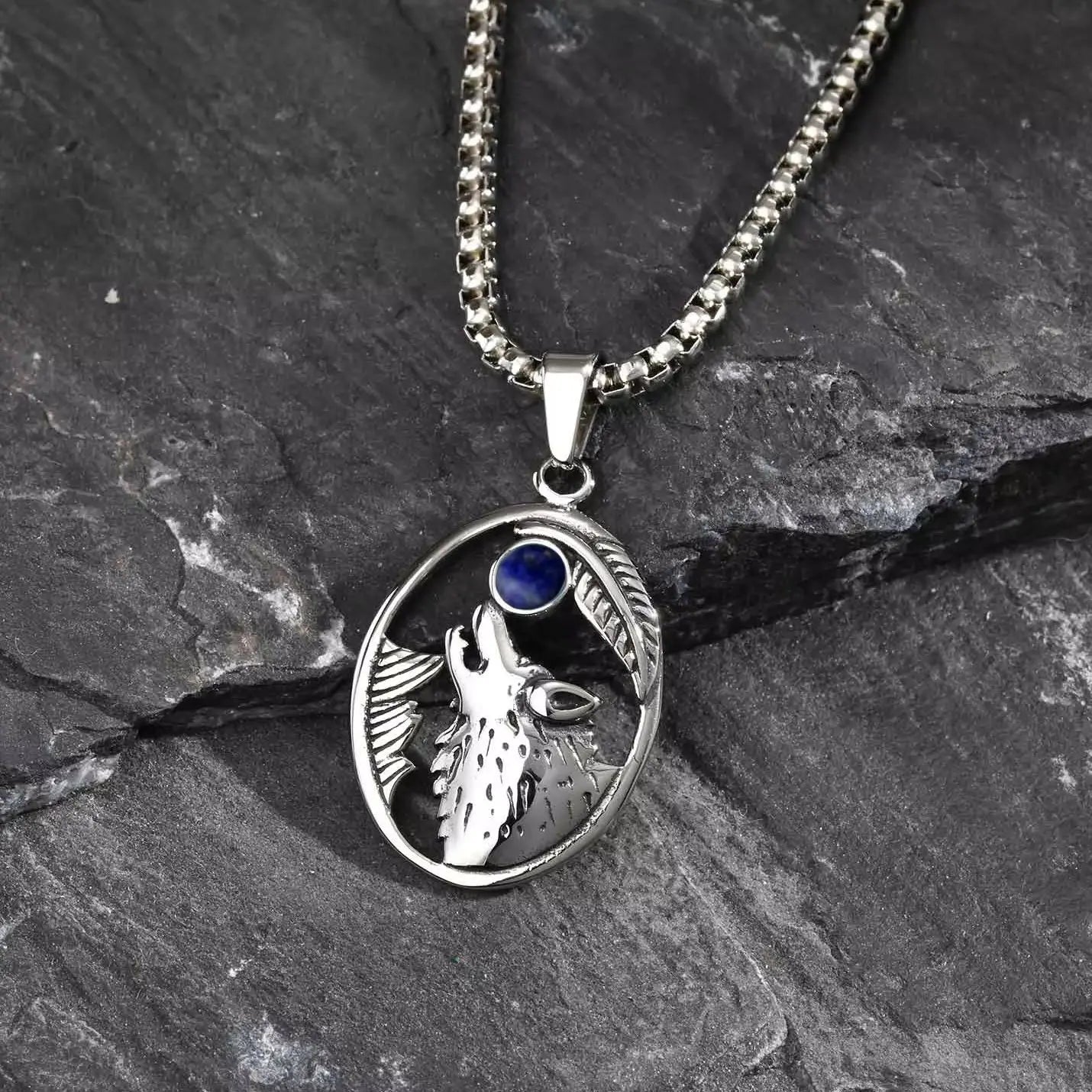 Wolf Head Stone Pendant Necklace — Stainless Steel
