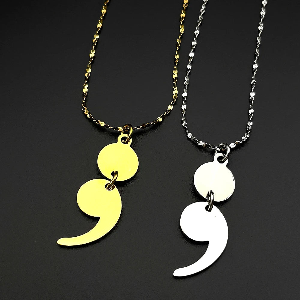 Inspirational Semicolon Pendant Necklace Stainless Steel Mental Health Support Jewelry Gift For Anxiety Depression Recovery