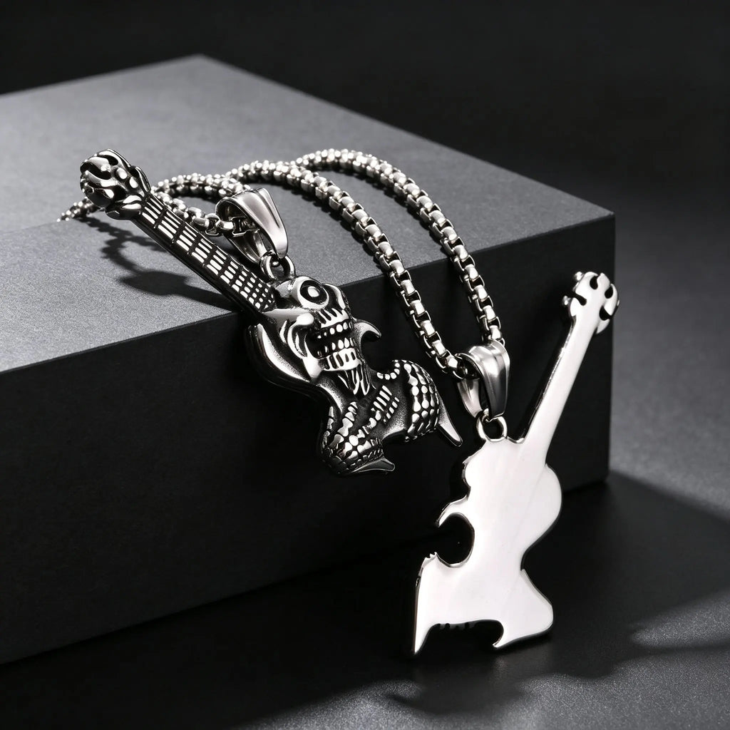 Gothic Hip Hop Skull Skeleton Guitar Necklace for Men Punk Instruments Pendant Stainless Steel Chain Neck Rock Jewelry Accessory