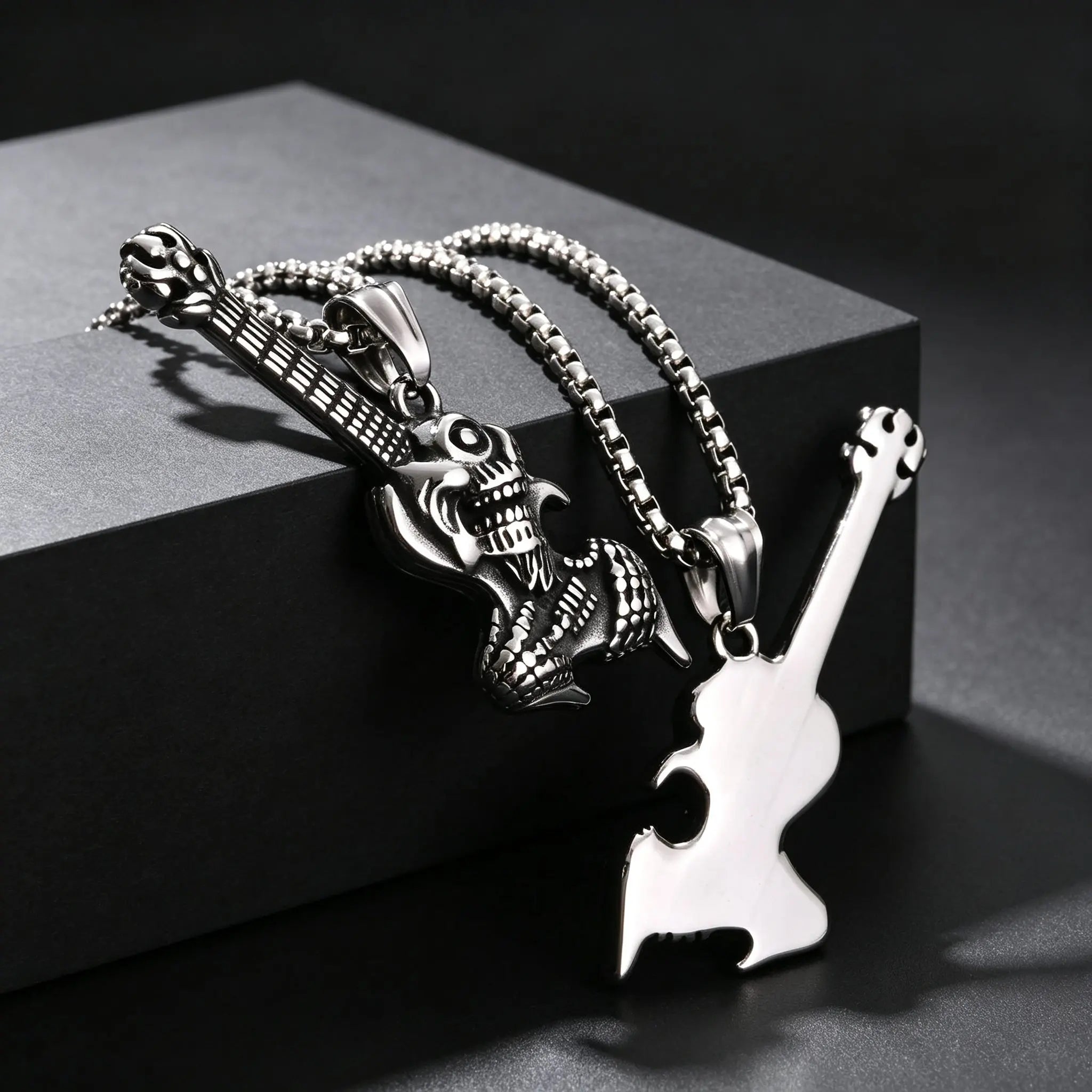 Gothic Hip Hop Skull Skeleton Guitar Necklace for Men Punk Instruments Pendant Stainless Steel Chain Neck Rock Jewelry Accessory