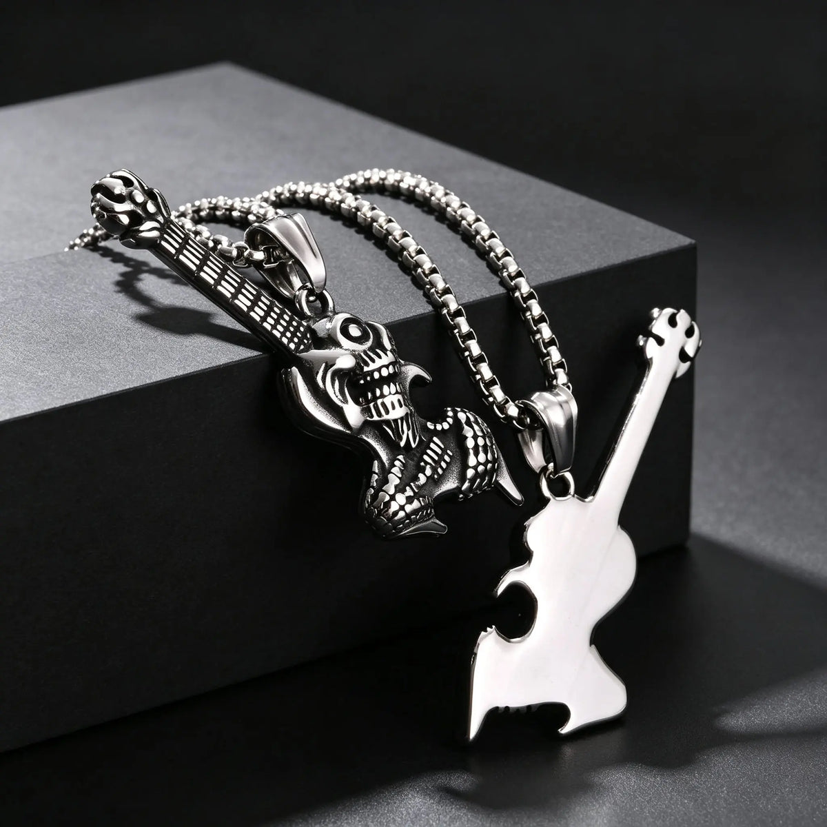 Gothic Hip Hop Skull Skeleton Guitar Necklace for Men Punk Instruments Pendant Stainless Steel Chain Neck Rock Jewelry Accessory