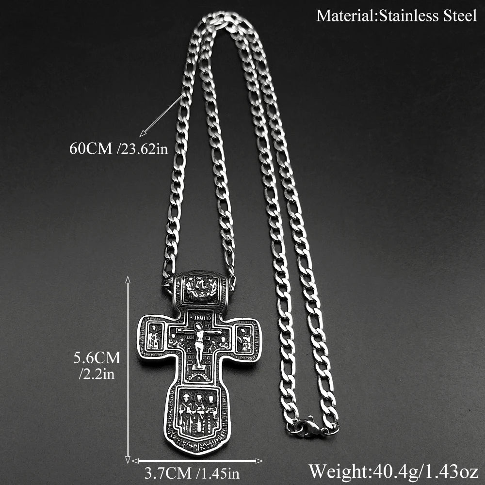 Jesus Crucifix Cross Orthodox Necklace for Women Men Stainless Steel Christian Believer Chain Necklace Vintage Charm