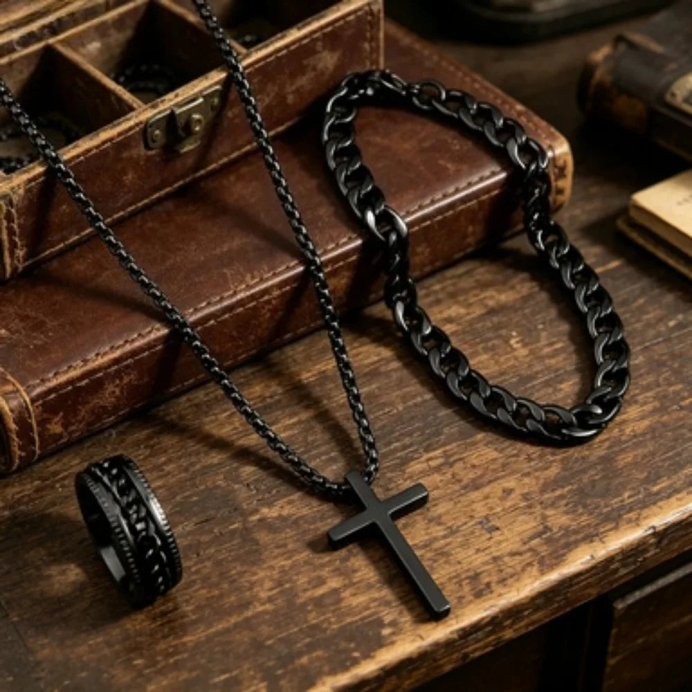 Black-Tone Cross Pendant Necklace Bracelet Ring Set for Men