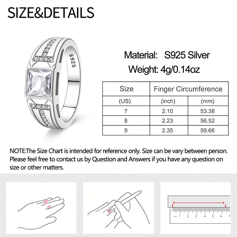 Men's Ring 925 Sterling Silver Couple Rings Square CZ Inlay Minimalist Daily Wear Jewelry Gift for Men Valentine's Day