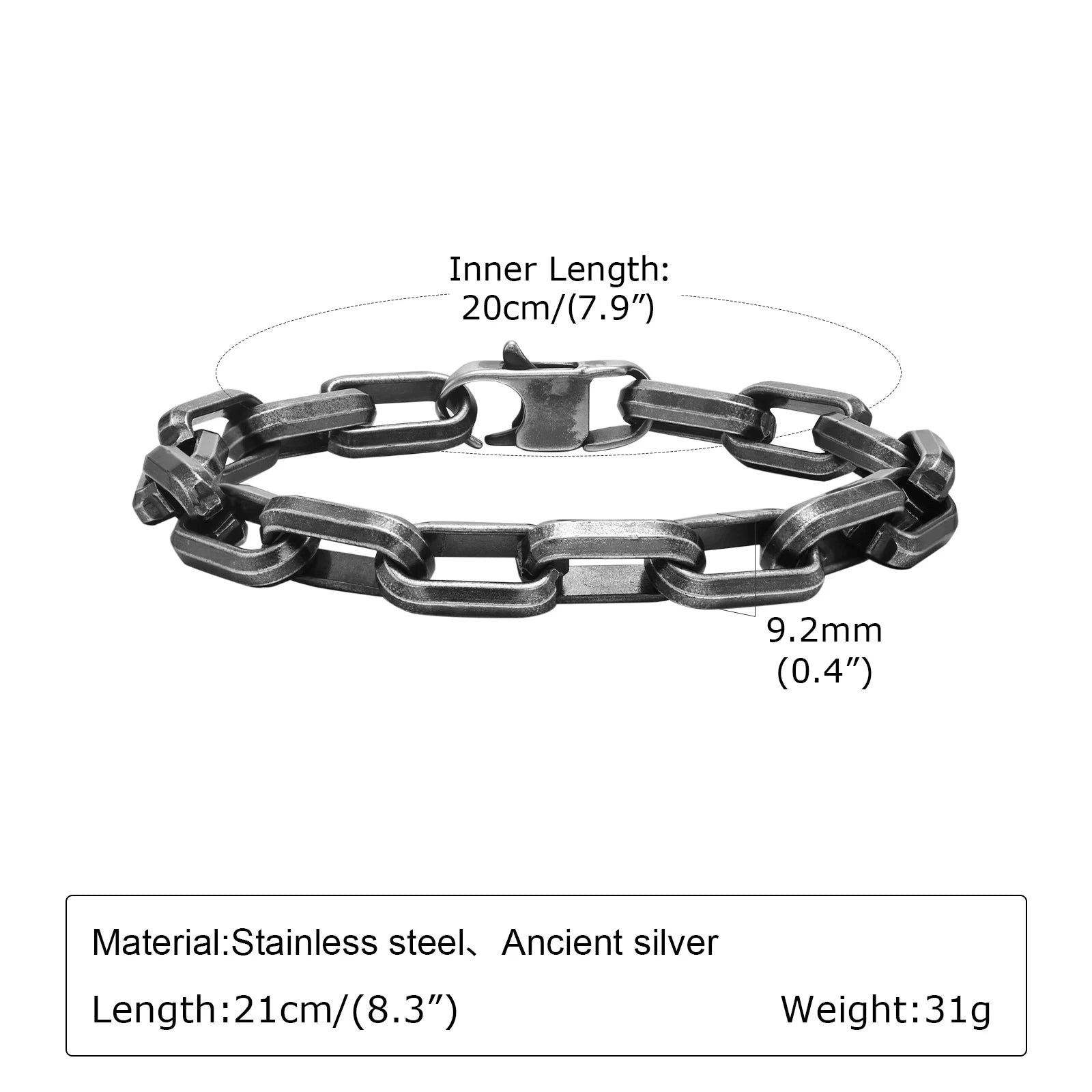 Silver Rectangle Chain Bracelet — Stainless Steel