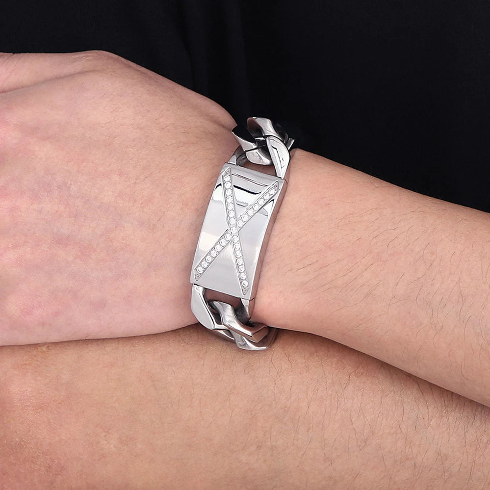 Massive Man Bracelet 20MM Width Men's Stainless Steel Cuban Link Chain Bracelet with CZ Gothic Biker Jewelry Accessory