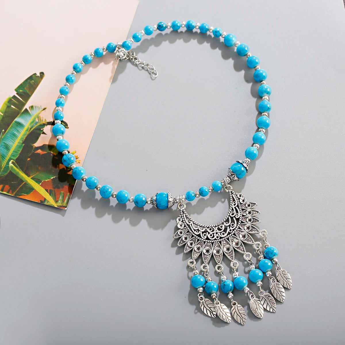 Womens Gypsy Jewelry Bohemian Ethnic Red Natural Stone Pendants Necklaces Metal Tibetan Sliver Color Chain Necklace For