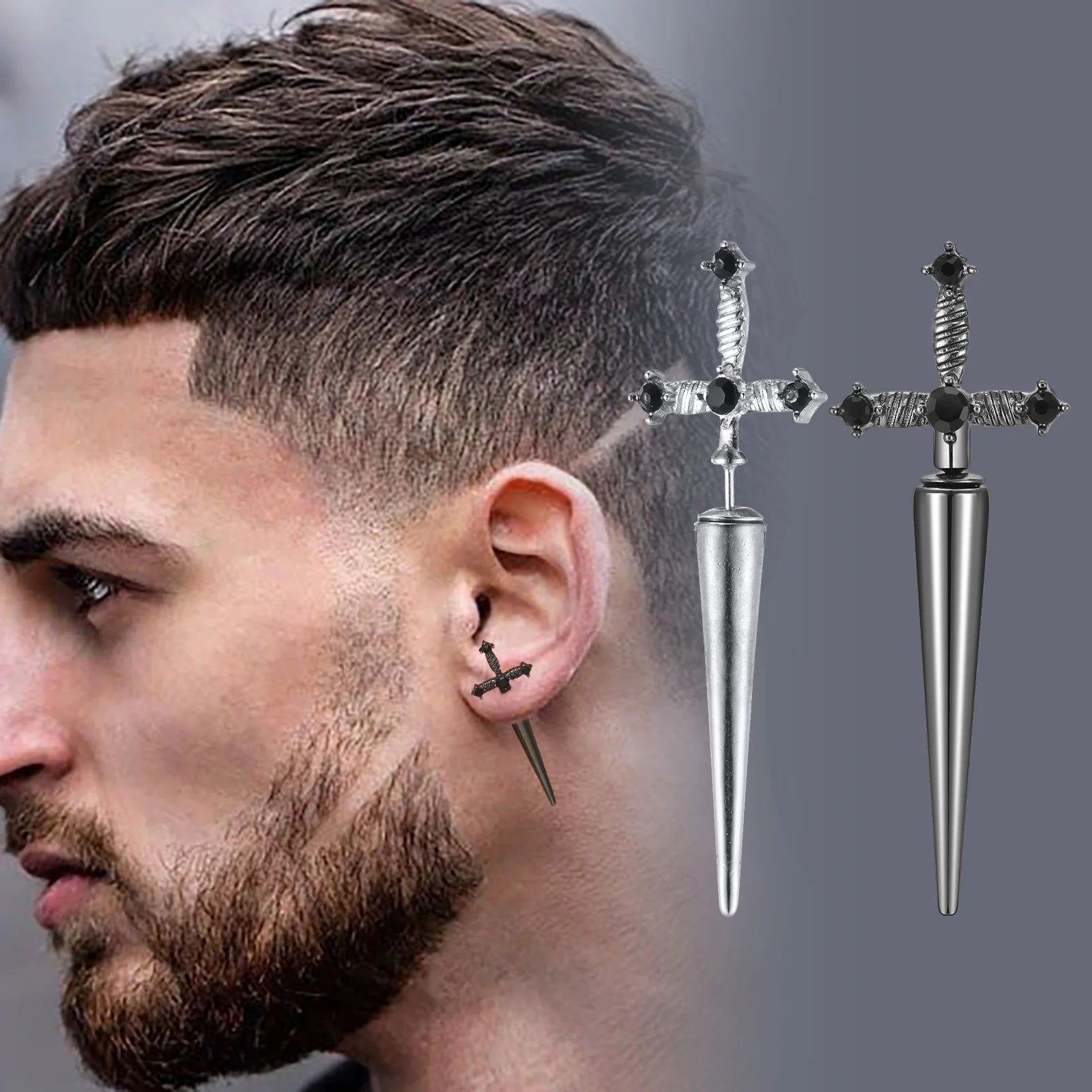 Black Cross Studs Sword Earrings