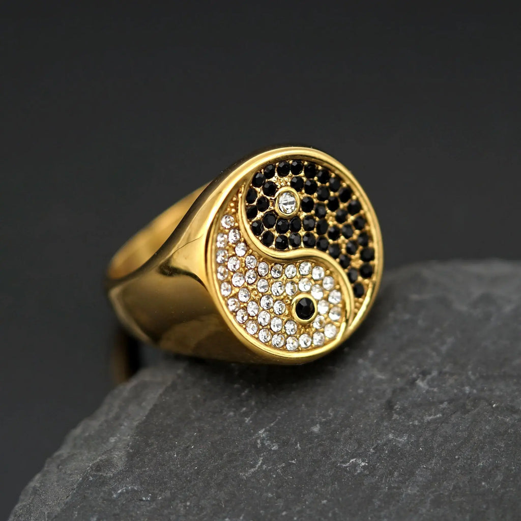 New Retro China Style Tai Chi Diagram Black White Rhinestones 316L Stainless Steel Male Female Ring