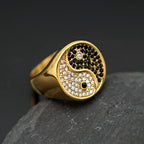New Retro China Style Tai Chi Diagram Black White Rhinestones 316L Stainless Steel Male Female Ring