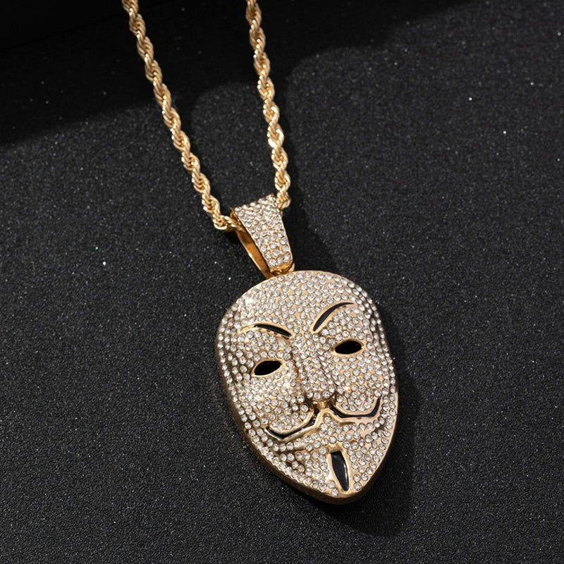 Men Women Hip Hop Large Rhinestone Mask Pendant Necklace With Twist Rope 4mm Tennis Chain HipHop Necklaces Fashion Jewelry Gift