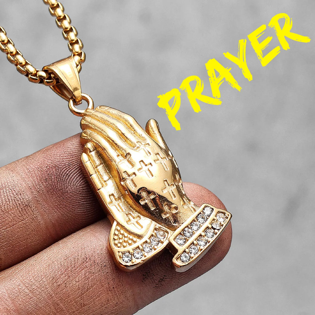 Praying Hands Cross Pendant — Stainless Steel