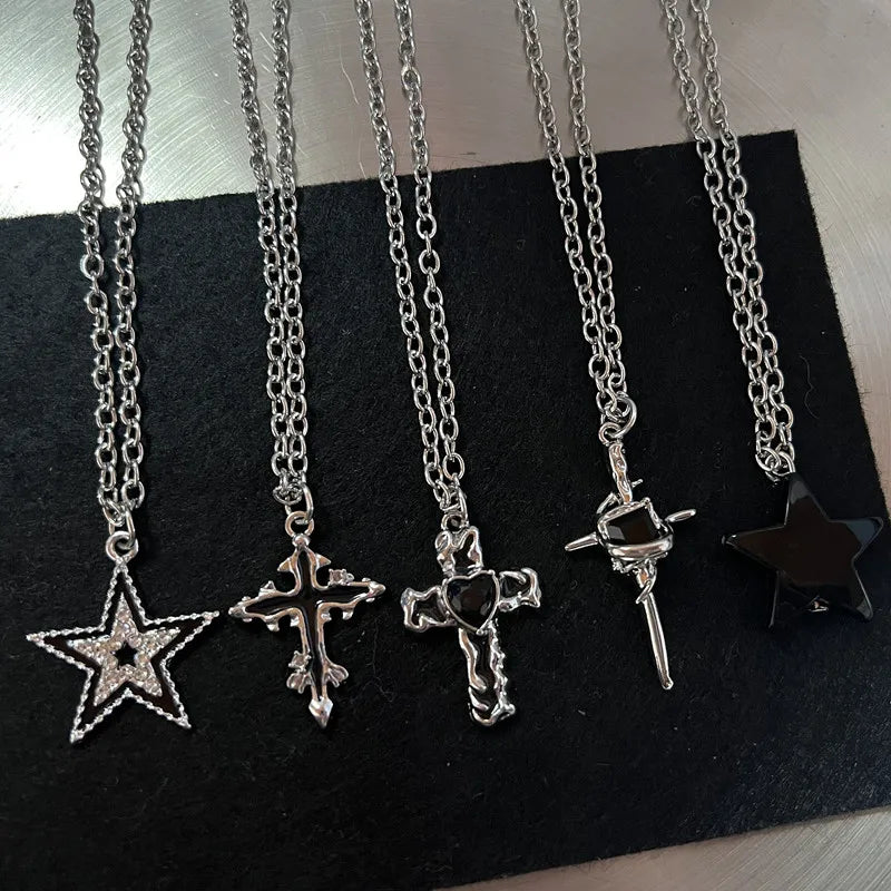 Silver Black Cross Pendant Necklace Vintage Carved
