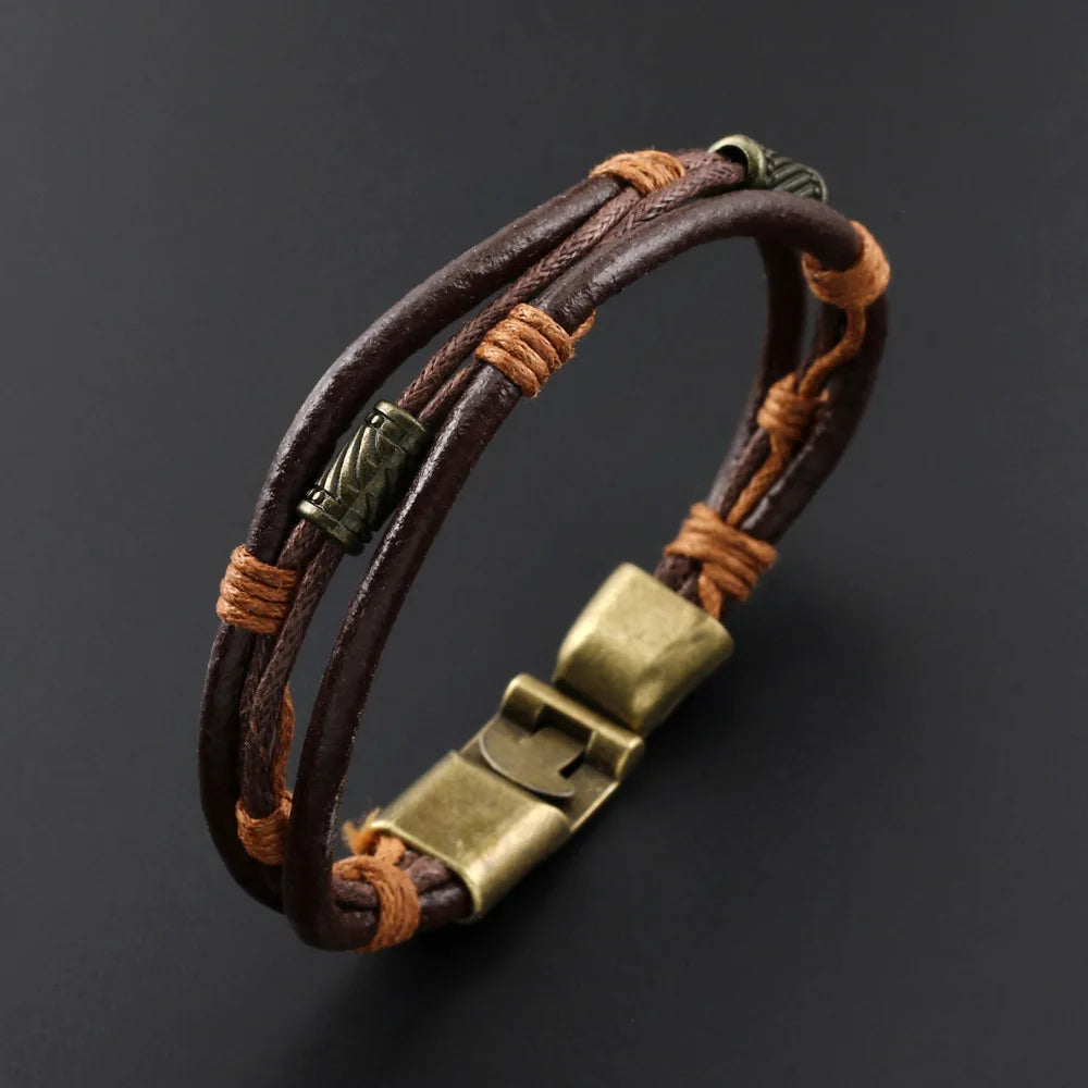 Vintage Cowhide Leather Rope Bracelet — Stainless Steel